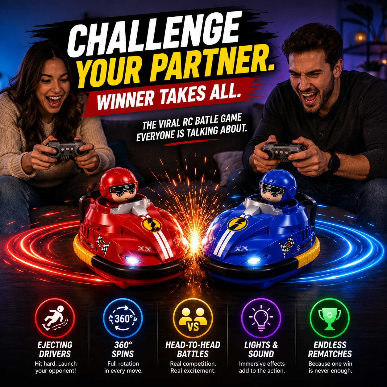 2-Player RC Battle Bumper Car Set – 360° Spinning Action with Ejecting Drivers