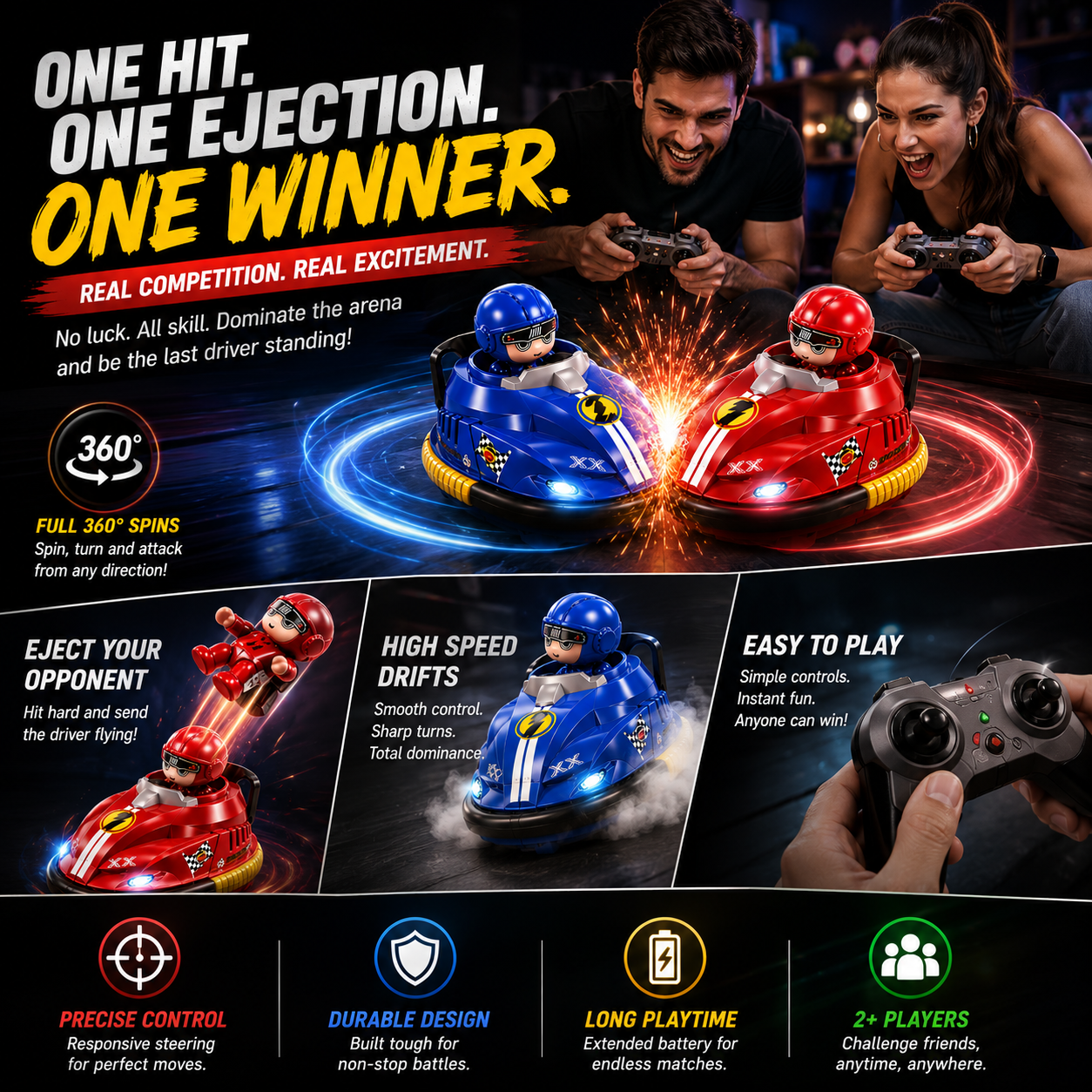 2-Player RC Battle Bumper Car Set – 360° Spinning Action with Ejecting Drivers