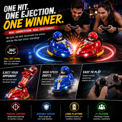 2-Player RC Battle Bumper Car Set – 360° Spinning Action with Ejecting Drivers