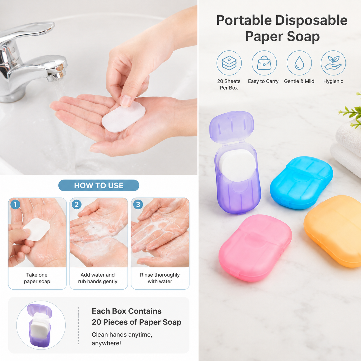 Portable Travel Paper Soap Sheets (Pack of 2 | 20 Sheets)
